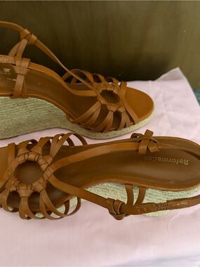 Reformation Candice Cognac Woven Leather Espadrille Wedges